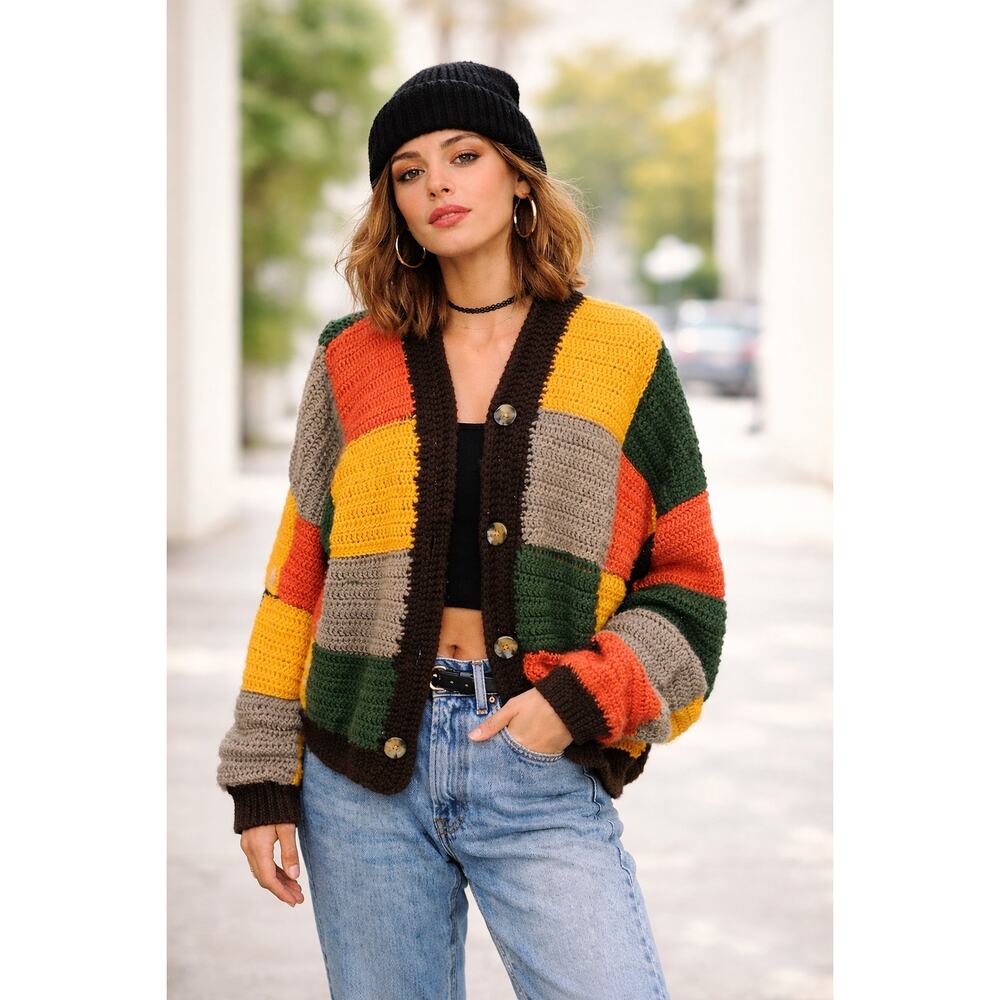 90s Hippie Hand Knit Cardigan Sweater Womens L Harry Styles Pattern Patchwork - Picture 2 of 10